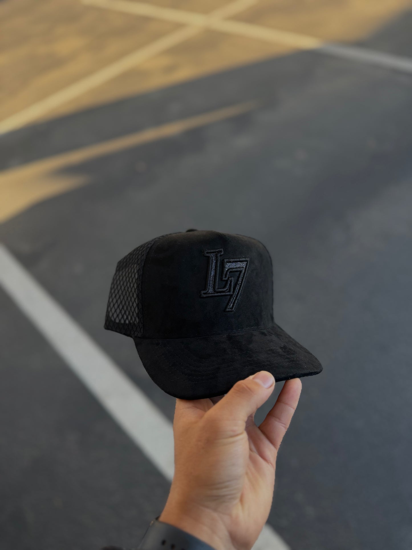 Black Suede L7 caps with glitter effect