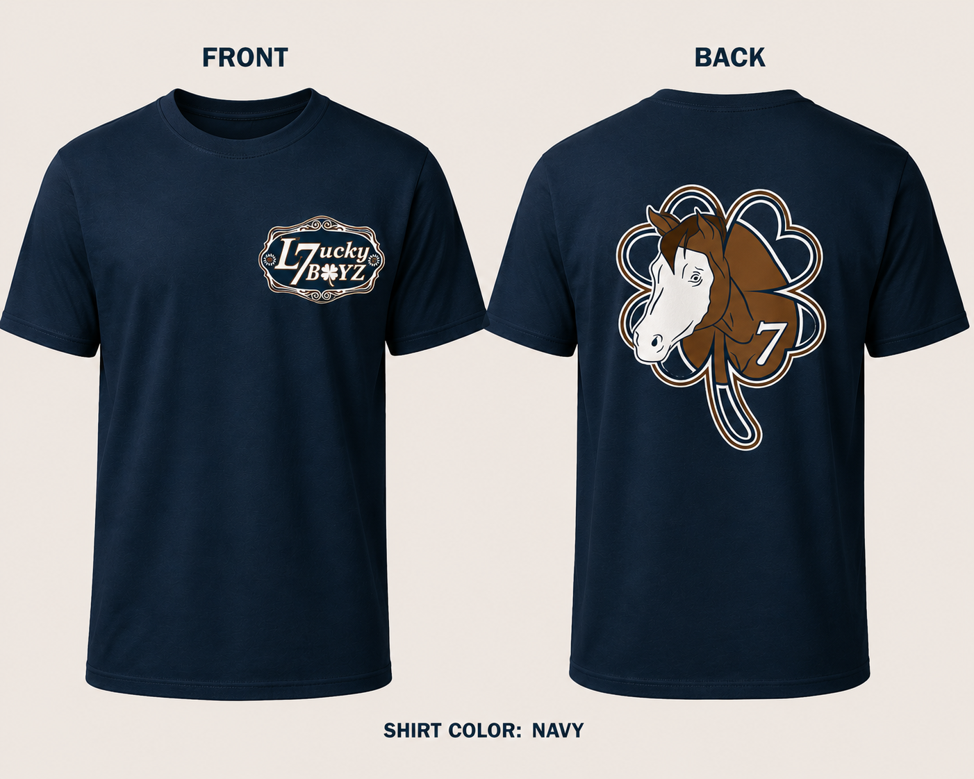Short sleeve Navy blue T shirt with brown horse on back