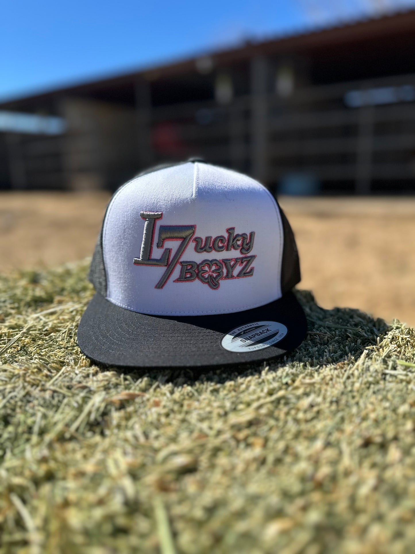 Lucky 7 boyz cap Grey letter pink outline.