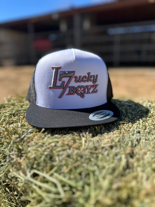Lucky 7 boyz cap Grey letter pink outline.