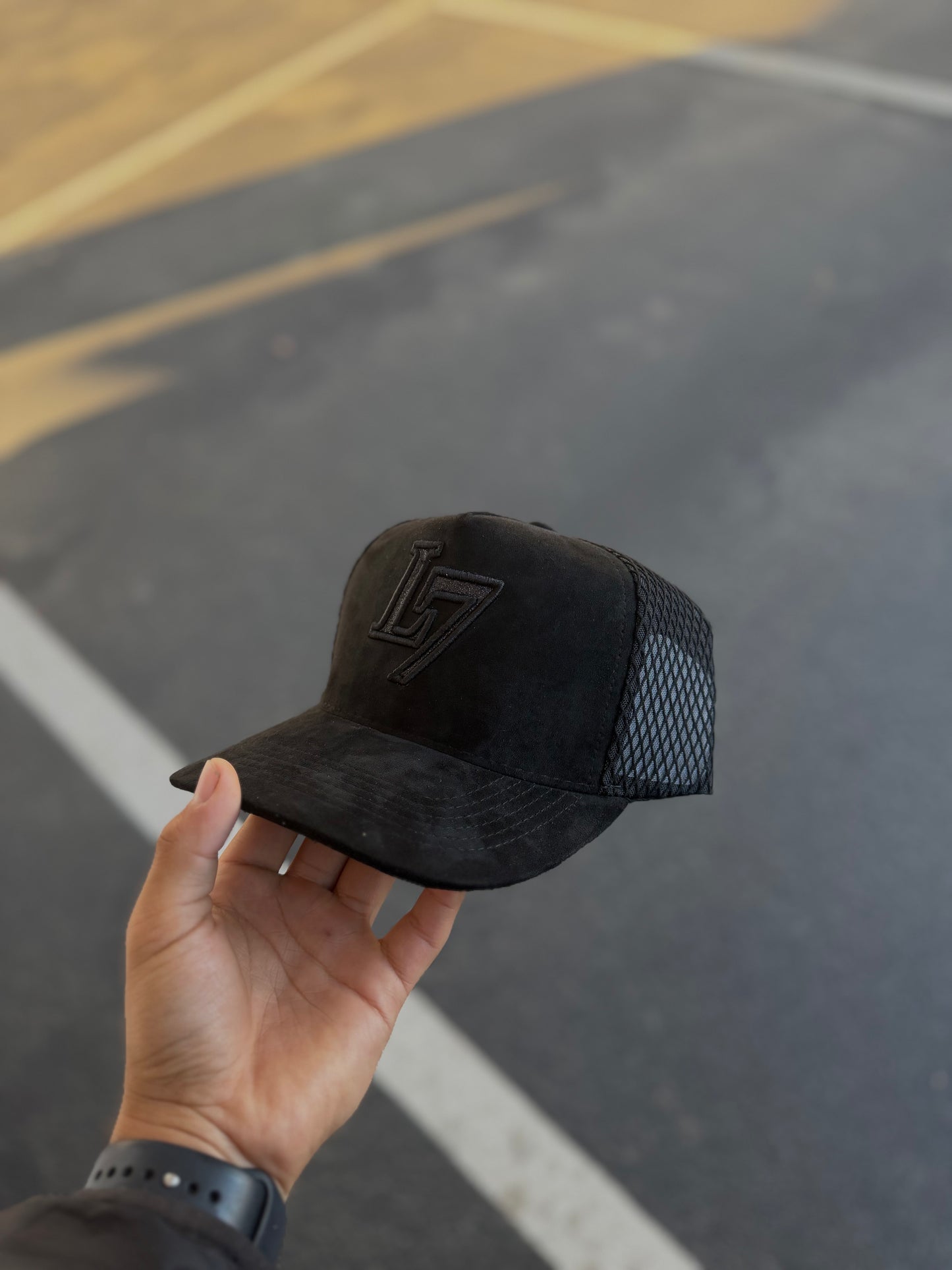 Black Suede L7 caps with glitter effect